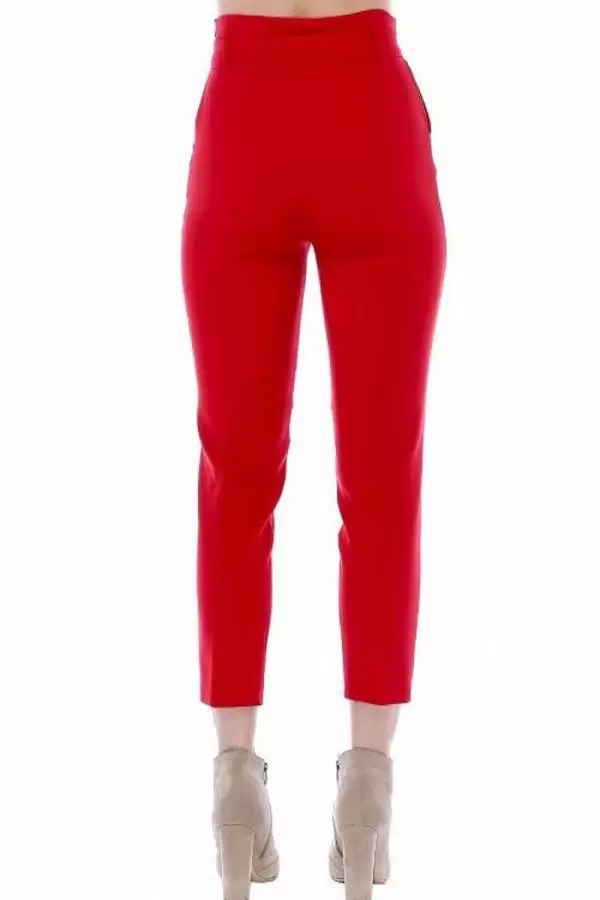 Yüksek Bel Tokalı Kırmızı Bilek Kadın Pantolon