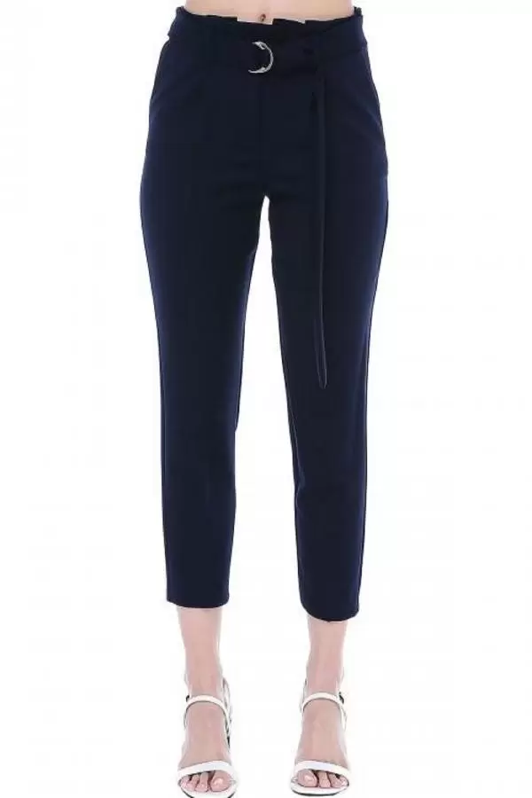 Yüksek Bel Tokalı Lacivert Bilek Kadın Pantolon
