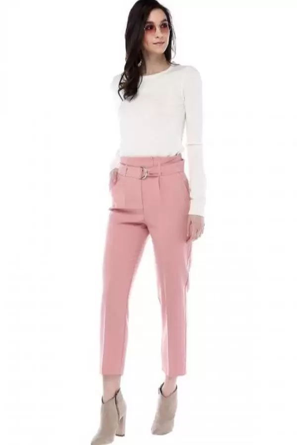 Yüksek Bel Tokalı Pudra Bilek Kadın Pantolon