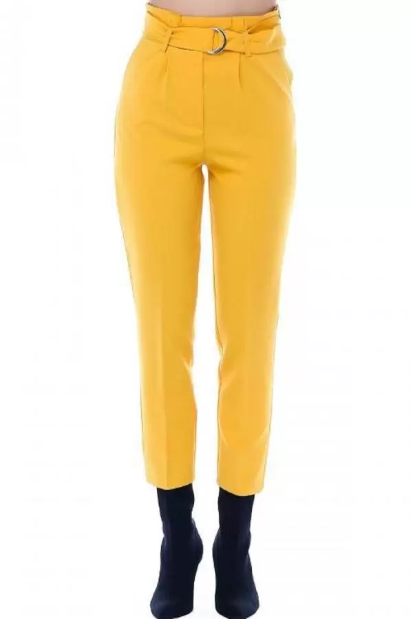 Yüksek Bel Tokalı Sarı Bilek Kadın Pantolon