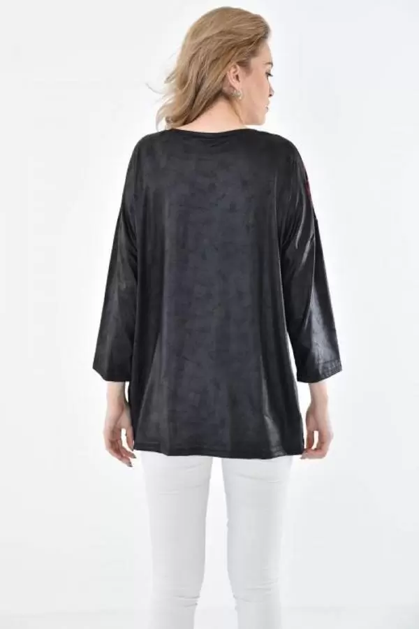 Yuvarlak Yaka Aslan Baskılı Kısa Kollu Kırmızı-Siyah Kadın Bluz