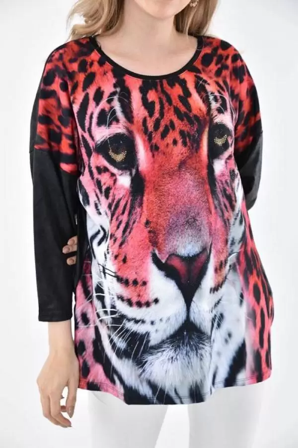 Yuvarlak Yaka Aslan Baskılı Kısa Kollu Kırmızı-Siyah Kadın Bluz