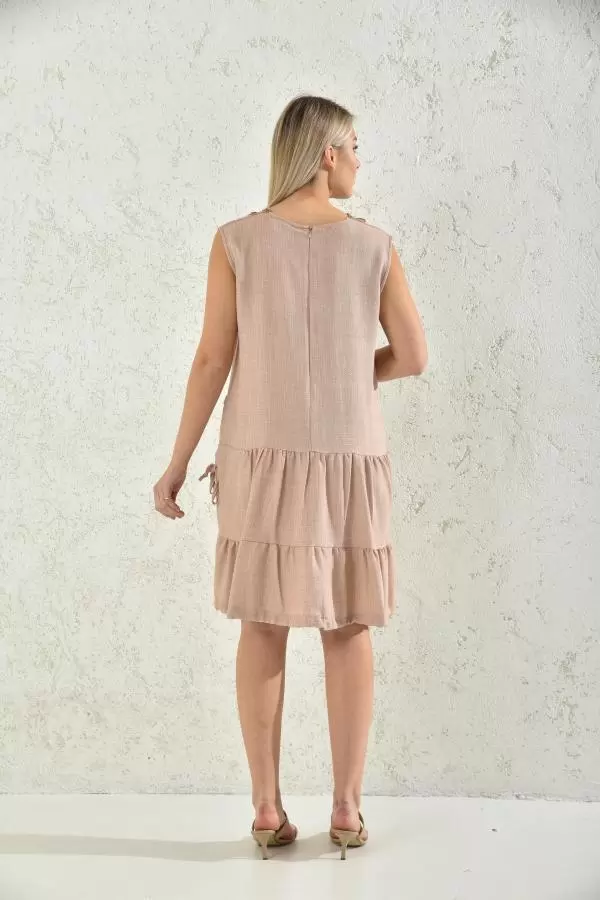 Yuvarlak Yaka Dantelli Salaş Kolsuz Vizon Kadın Elbise