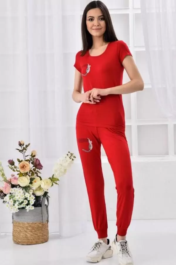 Yuvarlak Yaka Nakış Detaylı Kısa Kollu Kırmızı Kadın Eşofman Takım