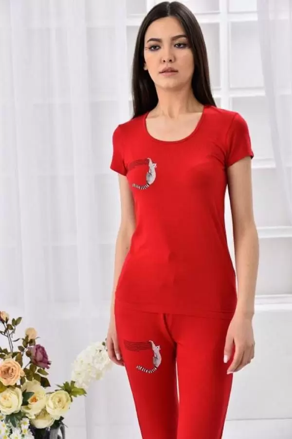 Yuvarlak Yaka Nakış Detaylı Kısa Kollu Kırmızı Kadın Eşofman Takım
