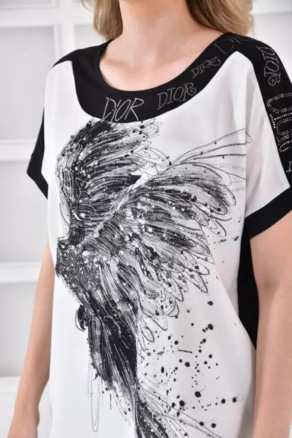 Yuvarlak Yaka Papağan Taş Dizinli Kadın Bluz