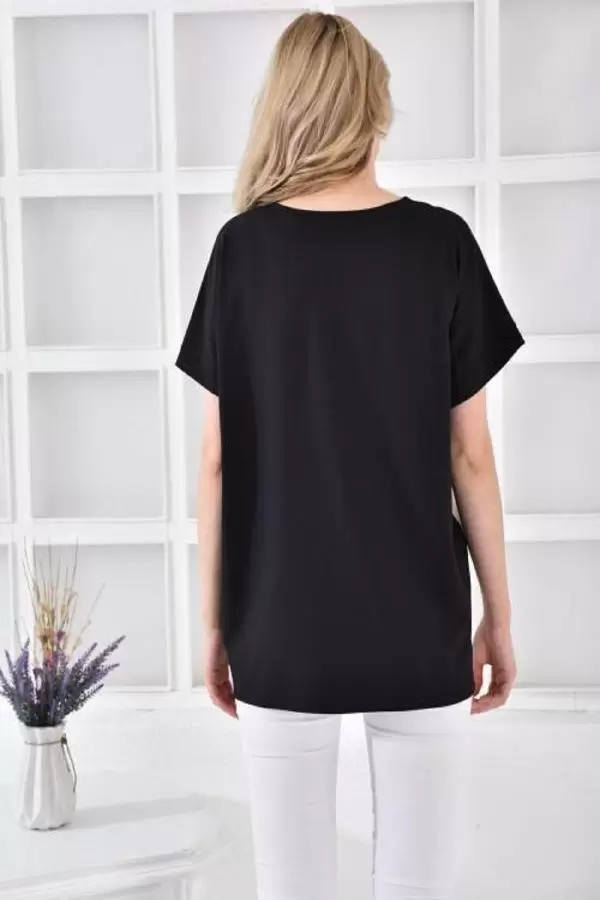 Yuvarlak Yaka Papağan Taş Dizinli Kadın Bluz