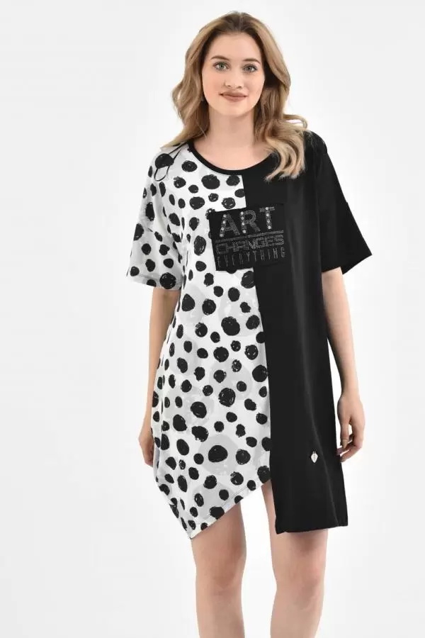 Yuvarlak Yaka Puantiyeli ve Taşlı Siyah-Beyaz Kadın Elbise