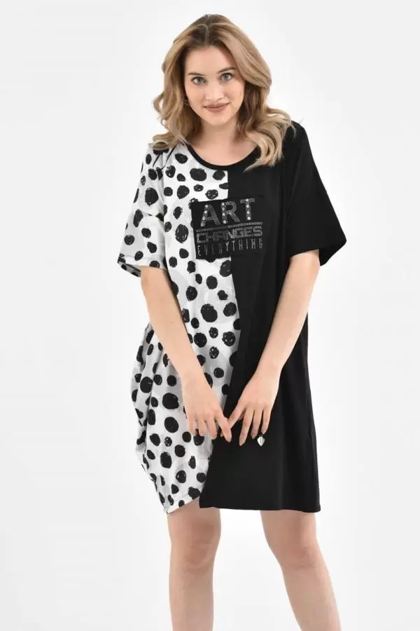 Yuvarlak Yaka Puantiyeli ve Taşlı Siyah-Beyaz Kadın Elbise