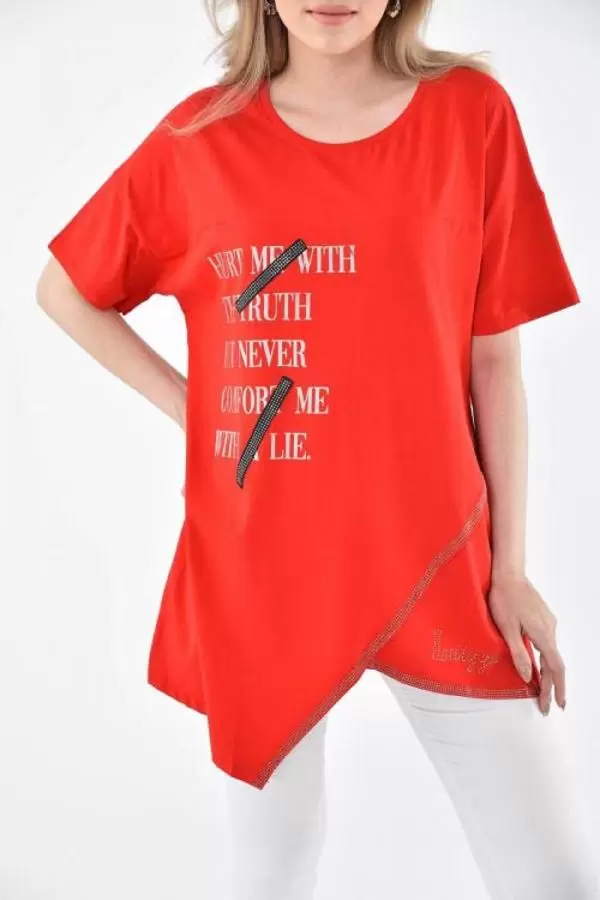 Yuvarlak Yaka Şerit Taşlı ve Asimetrik Kesimli Kırmızı Kadın Bluz