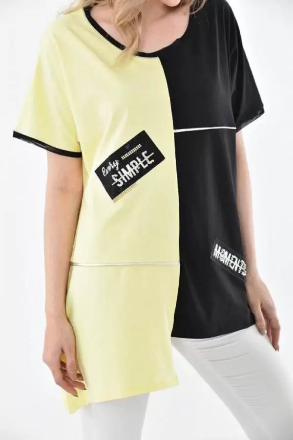 Yuvarlak Yaka Taşlı Asimetrik Kesim Siyah-Sarı Kadın Bluz