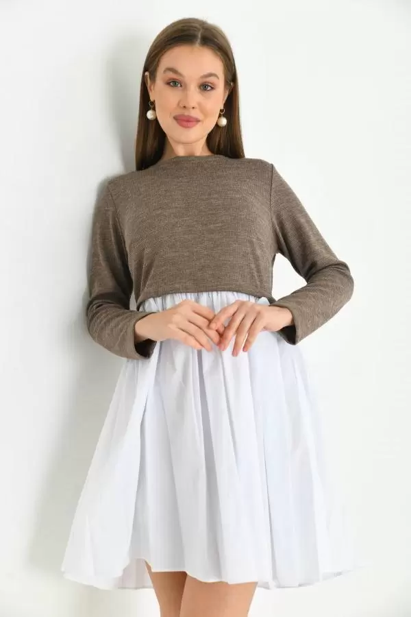 Yuvarlak Yaka Uzun Kollu Kahve Beyaz Kadın Elbise