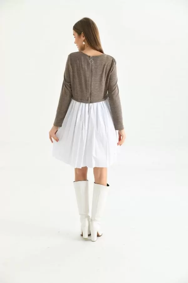 Yuvarlak Yaka Uzun Kollu Kahve Beyaz Kadın Elbise
