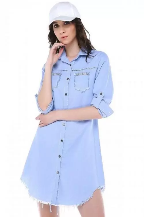 Püsküllü Cepleri Sütun Taşlı Mavi Kadın Keten Tunik Püsküllü Cepleri Sütun Taşlı Mavi Kadın Keten Tunik