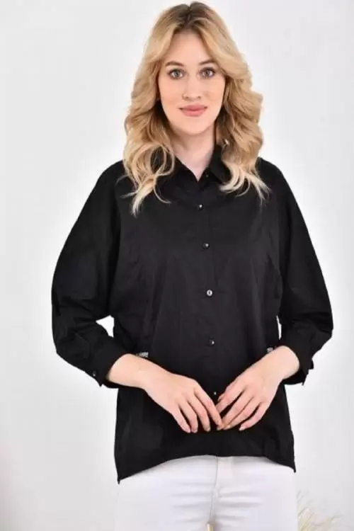 Yan ve Arka Şeritli Uzun Yarasa Kollu Siyah Kadın Gömlek Yan ve Arka Şeritli Uzun Yarasa Kollu Siyah Kadın Gömlek